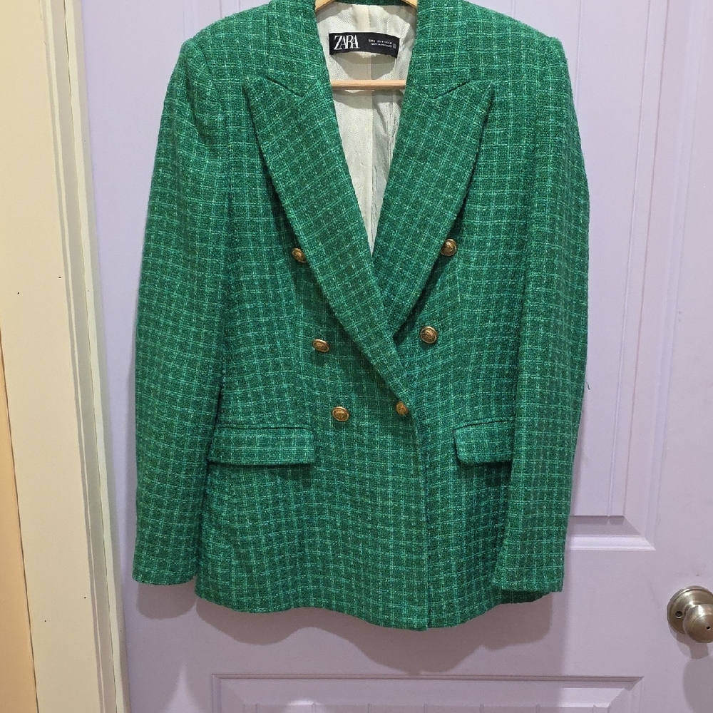 Zara Emerald Tweed Blazer with Gold Buttons